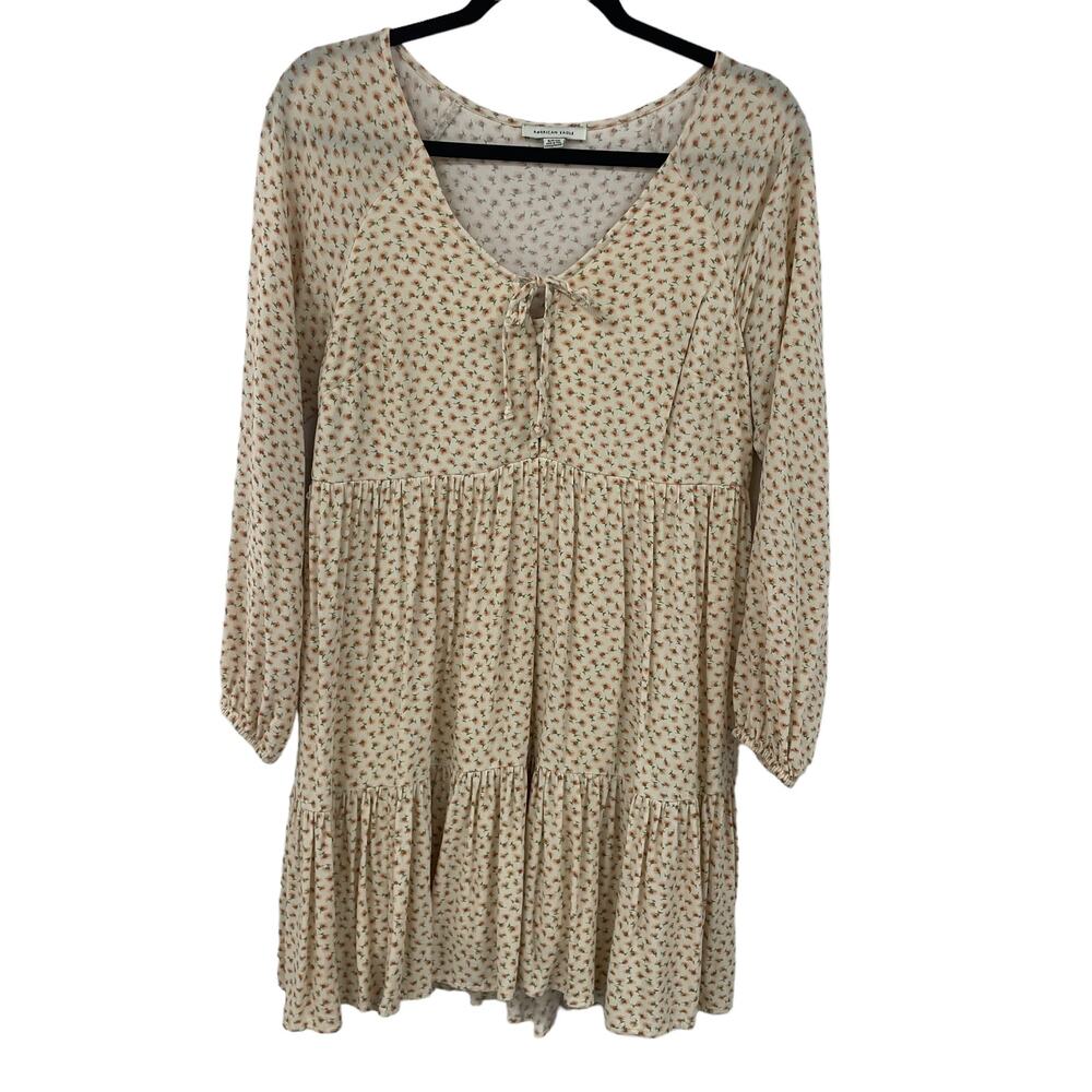 American Eagle Cream Orange Floral Tiered Mini Dress Womens Small
